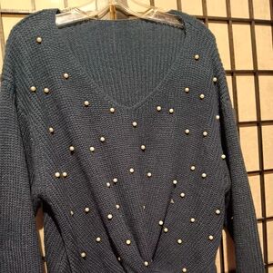 Shein V-Neck Pearl Accent Women's Sweater - Dark Teal